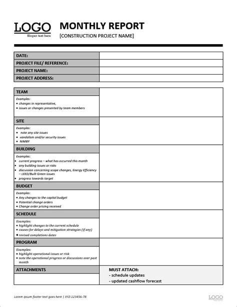 monthly project report template word